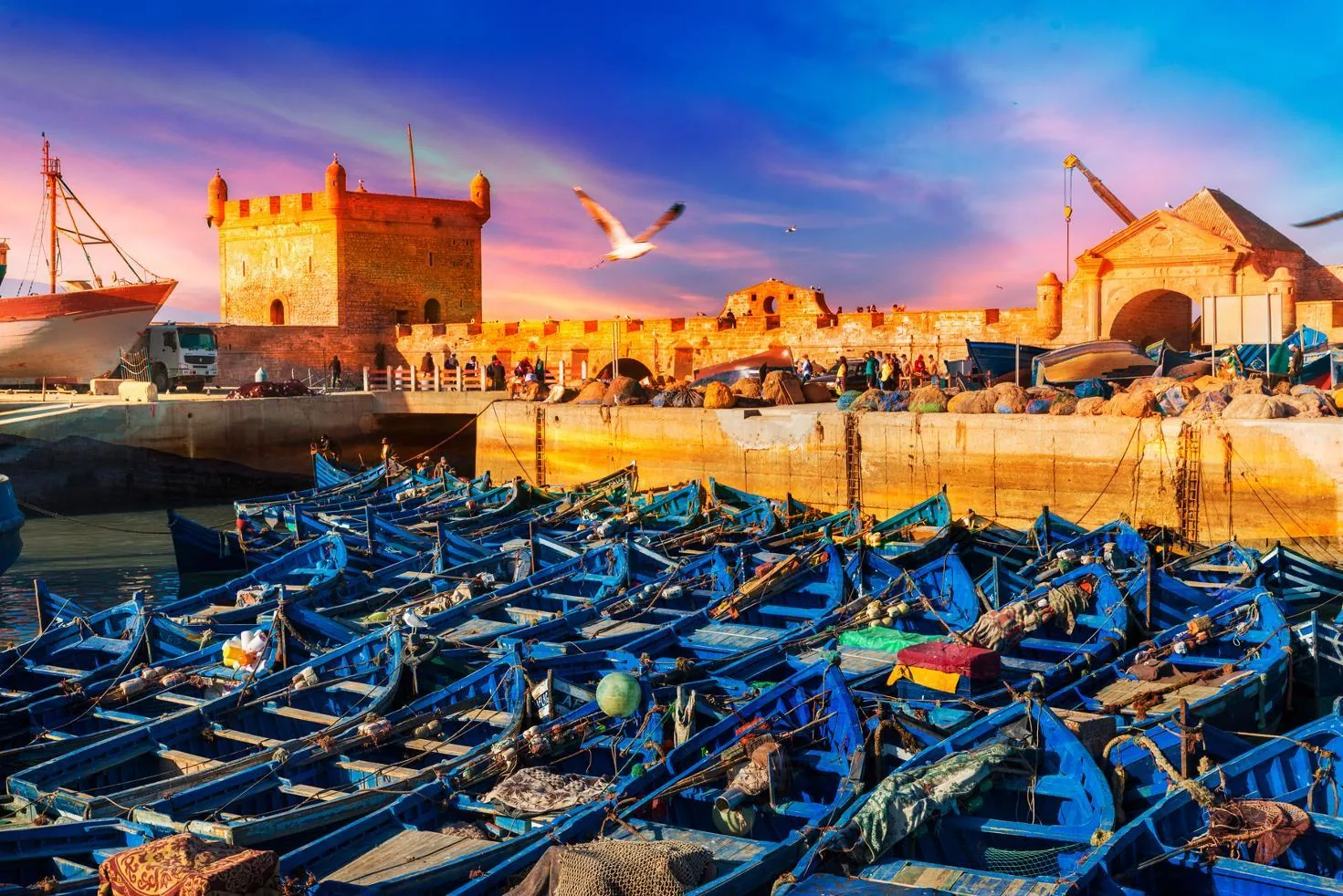 Blue fishing boats in the harbour of Essaouira