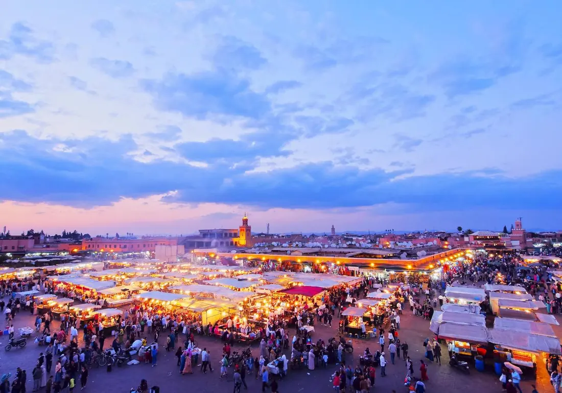 The Jemaa el-Fna square of Marrakech at dusk